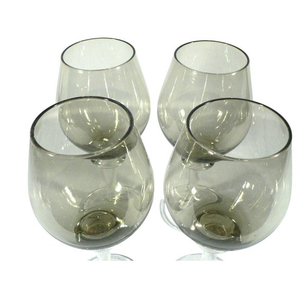Wine Glass Goblet Smoked Gray Clear Stem Set of 4 Vintage Glassware 10" - Picture 12 of 15